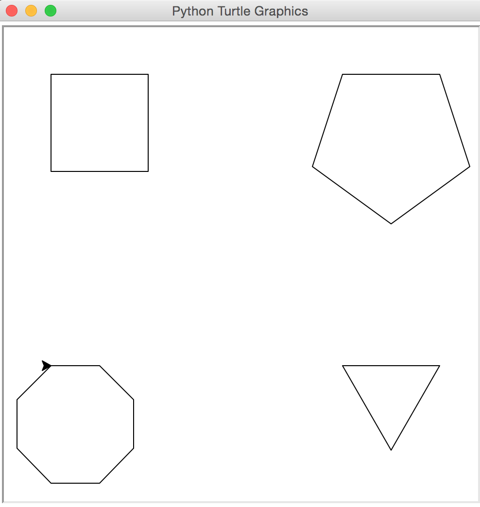 Four shapes drawn by turtle graphics: Square at the top left, Pentagon at the top right, Octagon at the bottom left and Triangle at the bottom right