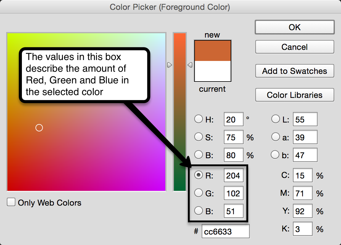 A screenshot from the Photoshop color picker interface.  This window shows that you can click on a color value and see the corresponding red, green and blue values expressed as integers